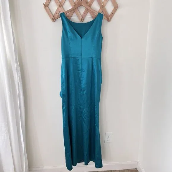 Eliza J Ruffle Satin Jade Green Mermaid Gown Size 10 - Picture 6 of 10